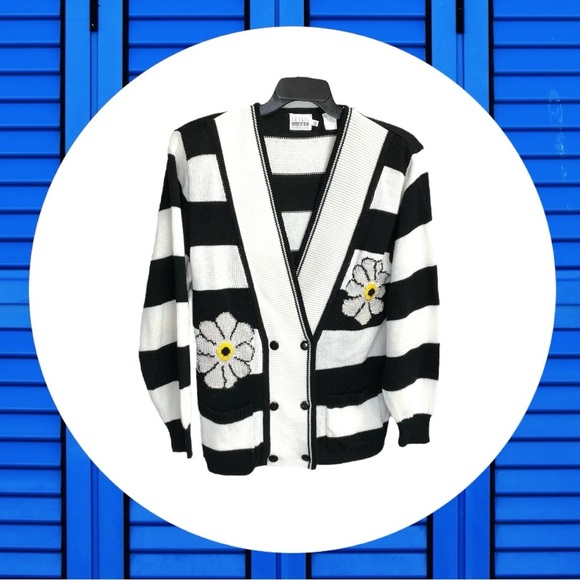 Vintage Leslie Fay Sportswear Black/White Striped Cardigan w Daisies Women Small - Picture 5 of 6